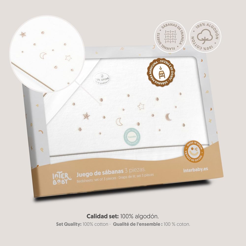 Interbaby - Set di lenzuola per culla da 50 x 80 cm, 100% cotone | Lenzuola per culla in flanella calda | Include lenzuolo con angoli, lenzuolo sopra e federa | Ideale per l'inverno | Stelle Luna