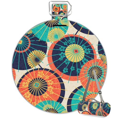 Shimoshe Mandala Flower Umbrella Picnic Outdoor Blanket Foldable Waterproof Sandproof Beach Blanket Portable Water-Resistant Round Picnic Mat for Travel Camping Park Lawn