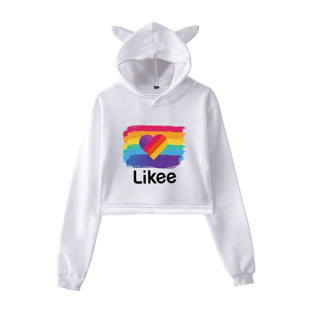 Cat Ear Pink Likee App LIKEE Hoodies Women Cat Crop Top Hoodie Female Rainbow Sweatshirt Trendy Streetwear Hip Hop (White5,S)