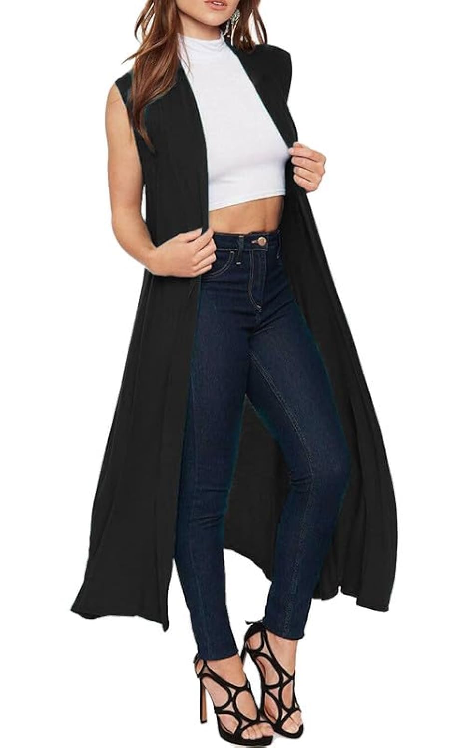GOSTYLES® Womens Maxi Long Boyfriend Cardigans, Ladies Sleeveless Collared Top Open Front Cardigan Coat (Black, 8-10)