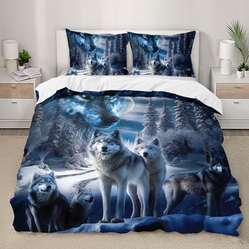AILONEN Snow Wolf Bedding Queen Duvet Cover Set, 3D Night Galaxy Starry Wolf Comforter Cover Set, Wild Animals Themed Quilt Cover and 2 Pillowcases for Boys Adults, 3 Pieces