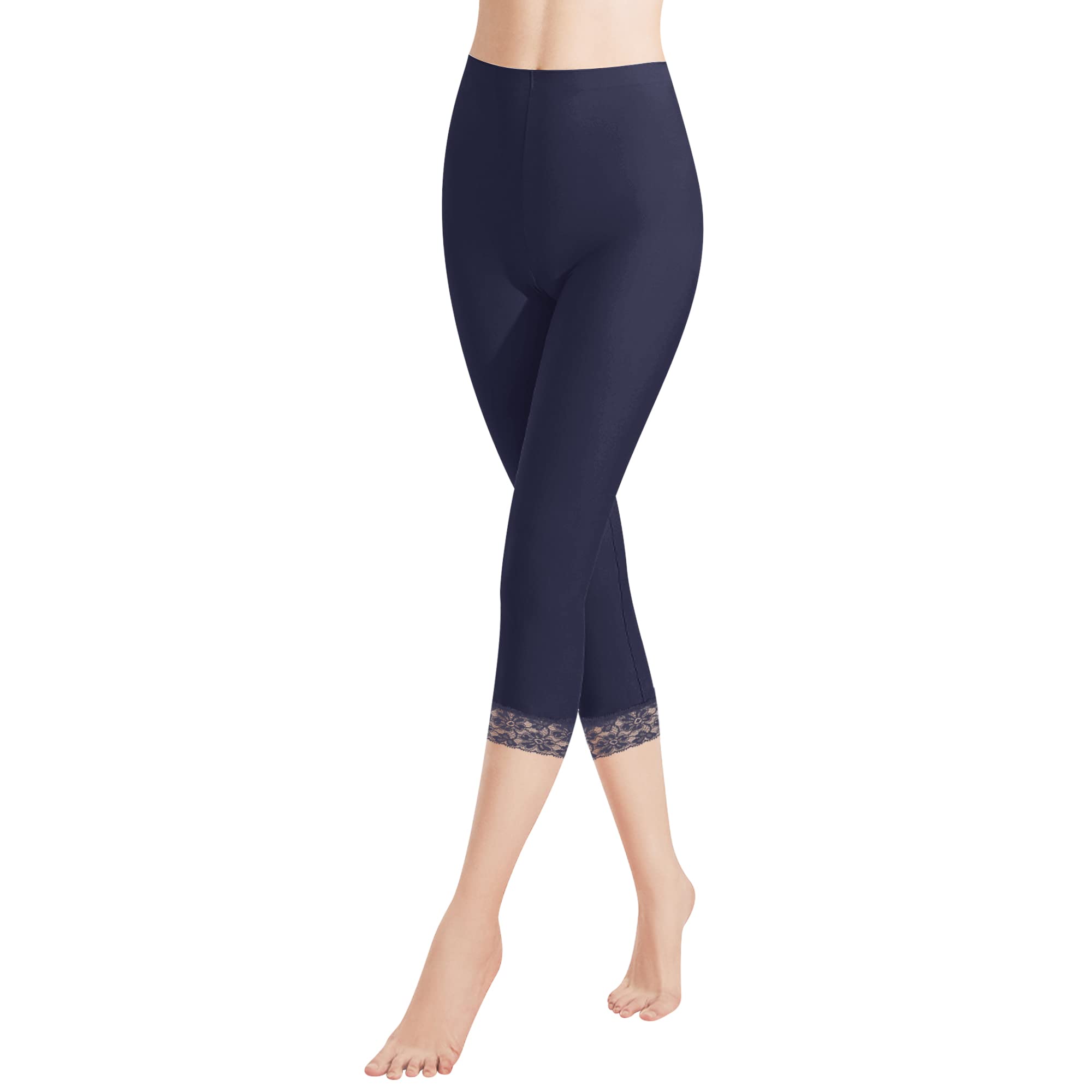 Libella Damen Leggings 3/4 Hose mit Spitze aus Baumwolle Capri-Hose mit Hohe Taille bunt Slim Fitnesshose Dunkelblau M 4166
