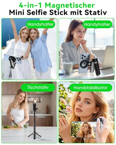 CloudValley Magnetisches 4-in-1 Multifunktionales Selfie-Stick-Stativ, Mini Tragbarer Taschen-Handy-Ständer mit abnehmbarer Fernbedienung, kompatibel mit MagSafe, für iPhone/Android, Reise-Vlog