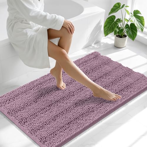 Image of Smiry Thick Chenille Bathroom Runner Rugs 44x24, Extra Absorbent Striped Bath Mat, Machine Washable, Rubber Backing, Long Bath Rugs for Tub & Shower, Modern Home Decor Accessories, Deep Plum
