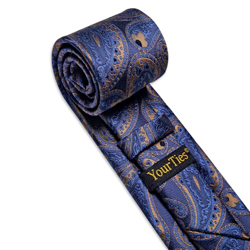 Image of YourTies Silk Paisley Floral Tie and Pocket Square Cufflinks with Lapel Pin Sets for Men 5PC Wedding Party
