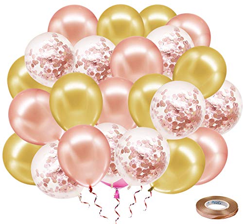 YMSZ Ballon Rose Gold Confettis, Ballon en Latex Doré de 12 Pouces avec Ruban en Or Rose pour Les Décorations de Graduation de Fête d'anniversaire de Mariage (60pcs)… Cover