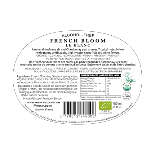 French Bloom Duo Set (1 Bottle Le Blanc, 1 Bottle Le Rosé) 0.0% Alcohol-Free Sparkling Wine, 750ml - Certified Organic, Vegan, Low Calorie, Pregnancy Friendly, Sulfite-Free