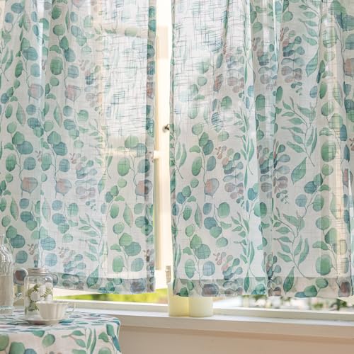 Image of SUOUO Green Eucalyptus Leaf Semi Sheer Curtains 96 Inches Rod Pocket | 2 Panels,Linen Textured,Light Filtering,Patterned Watercolor Botanical,Farmhouse Cottage Core,Drapes for Living Room Bedroom