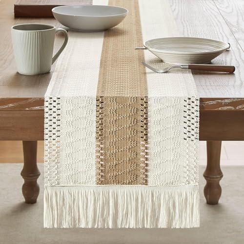 Image of Macrame Table Runner for Dining Table (12x72 Inch) - Boho Farmhouse Cotton Runner for Center Table & Home Decor - Heat Resistant, Handwoven Rustic Design (Brown /Ivory)