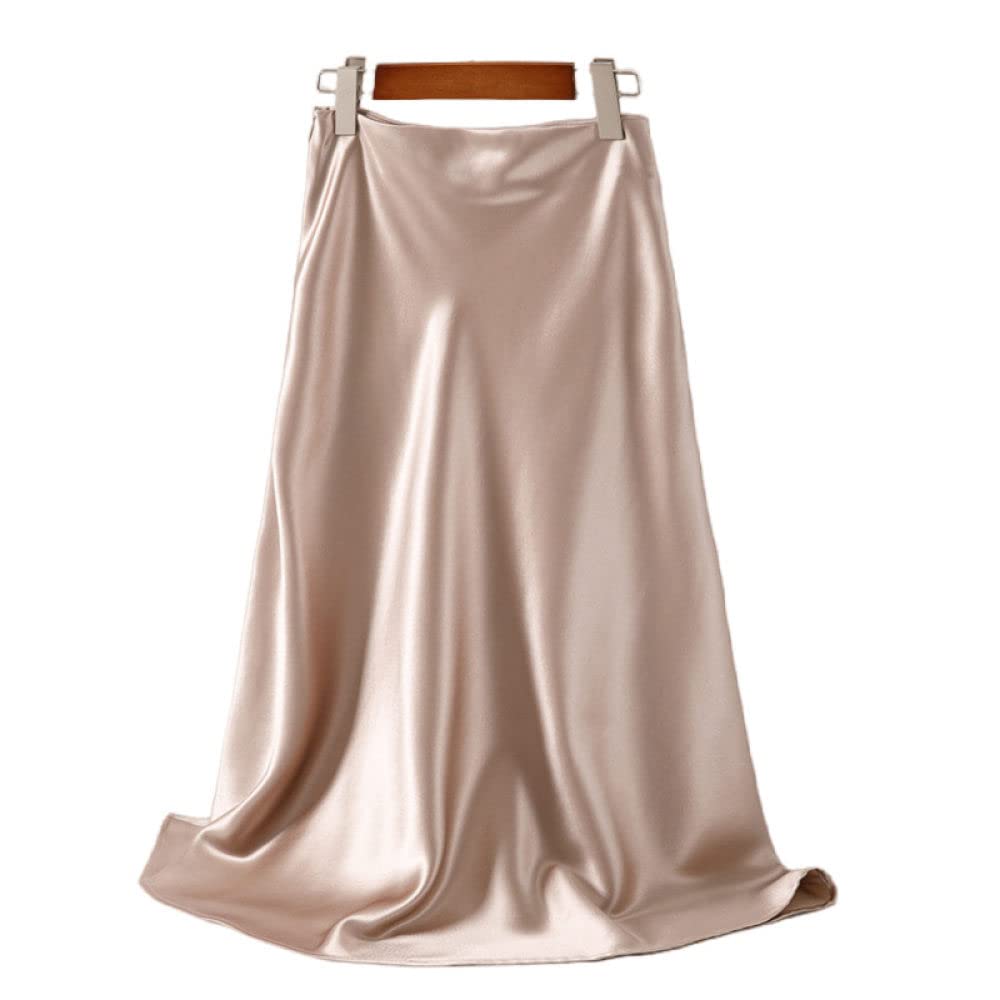 Gonne A Ruota,Gonne Midi In Raso Liscio Da Donna Gonna A Trapezio A Vita Alta Avvolta Sui Fianchi Champagne Lucido Increspato Cocktail Party Elegante Ufficio D'Affari Gonne Lunghe Per Ragazze Signor