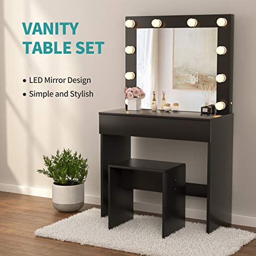 mecor LED Dressing Table Makeup Vanity Table w/10 LED Lights Mirror,Vanity Set with Stool&Drawer,Wood Dressing Table Bedroom Furniture Girls Women Gifts Black - Thumbnail 4