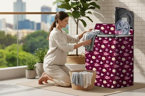 Image of The Furnishing Tree Semi-Automatic Top Load Washing Machine Cover | Waterproof & Dustproof | Easy to Clean | Inlet & Outlet Pipe Provision | Durable & Washable, Floral Red Polyester (56x93x107 CM)
