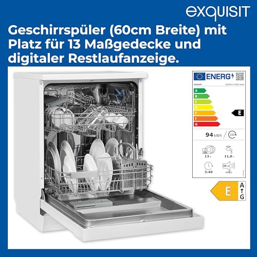 Exquisit START Geschirrspüler 60 cm, 13 Maßgedecke, Unterbaufähig, 11 Liter, Startzeitvorwahl, Restlaufanzeige, 7 Spülprogramme, GSP9313-030E weiss