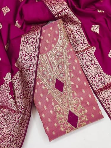 Image of Sidhidata Women's Shimmer Zari Butty With Multi Sequence Embroidered Unstitched Dress Material With Banarasi Silk Dupatta (DM Shimmer Free Size)