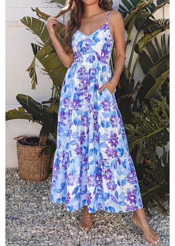 Image of KIRUNDO Sundresses for Women 2026 Spring Summer | Boho Floral Print Hawaiian Style, Sleeveless Spaghetti Strap, With Pockets, Beach Vacation Cruise Flowy Maxi Dress