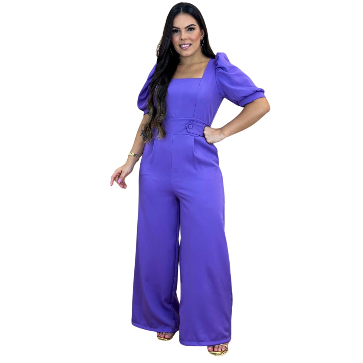 Macacão Feminino Social Longo, Roxo, Alfaiataria Premium, Manga Princesa, Pantalona, com Zíper nas Costas e Bolsos, Tamanho P