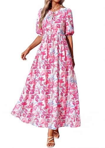 Image of KIRUNDO Maxi Dresses for Women 2026 3 /4 Sleeve Summer Dress | Spring Boho Floral, Drawstring Tie Neck, Loose Fit, Elastic Waist, Pockets, Wedding Guest, Beach Vacation Flowy Long Dress