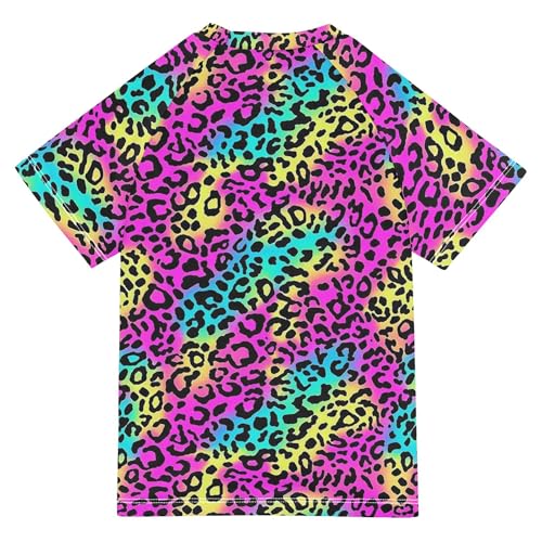 Fluorescent Leopard Girls Bathing Suit Sun Protection Workout Shirts Swimwear Beach Tops 3T2