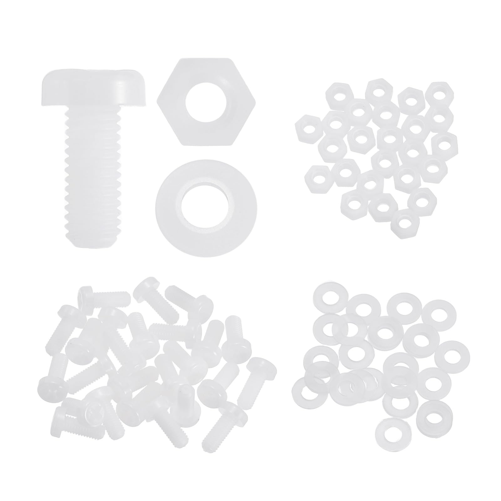 sourcing map 25 Set M5x12mm Nylon PA66 Plastic Cross Round Head Screw Phillips Bolts Hex Nuts Flat Washers Assortment Kit, Metric Full Thread Bolt Fasteners for DIY Machine Assembly, White