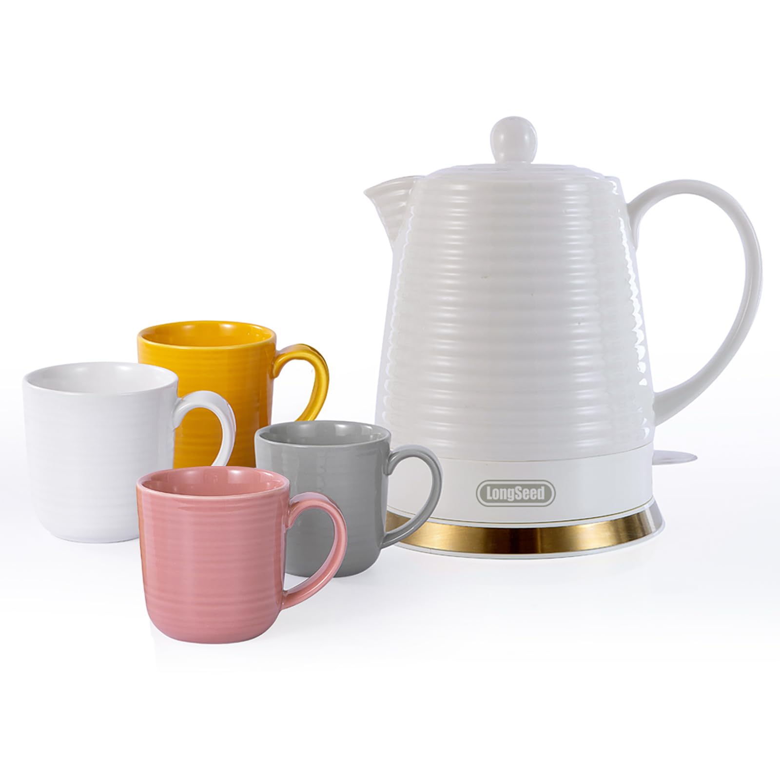 LONGSEED 1.26 Quarts Ceramic Electric Kettle with Infuser & Cups Kit, Boil Water Teapot, Boil-Dry Protection Auto Shut-off, Detachable Swivel Base, 1000W Fast Boiling for Tea and Coffee