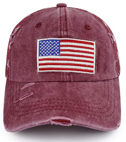 Image of American Flag Trucker Hat for Men Women, Adjustable Vintage Embroidery Washed Distressed USA Baseball Cap