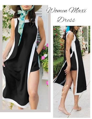 EsheSy Womens 2 Piece Sets Maxi Dress Matching Shorts Sleeveless Color Block Loose Boho Dress Outfits with Pockets3