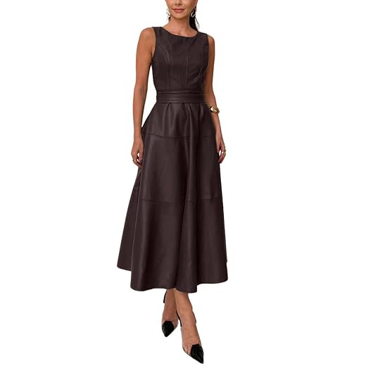 CHARTOU Vestido feminino de couro sintético sintético sem mangas, elegante, rodado, longo, vestido de festa e saída à noite com cinto