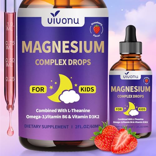 VivoNu Magnesium Tropfen Kinder Magnesiumbisglycinat + Vitamine D3 K2 B12 B6 Omega 3 & Calcium Erdbeere 60 ml