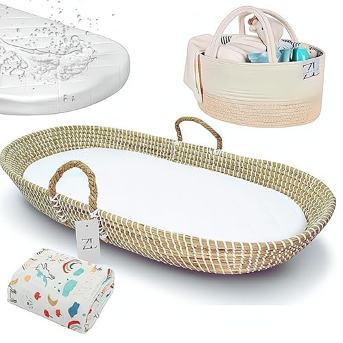 Image of ZEAL'N LIFE Seagrass Baby Changing Basket 5-in-1 Bundle, Premium Artisan-Carfted, Natural Materials with Diaper Caddy, Baby Towel, Portable Changing Pad & Dual Layer Waterproof Pad Cover (31 Inch)