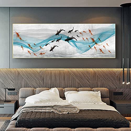 Peinture toile poisson or rouge KEBIA décoration murale maison salon 60x180