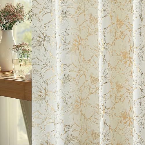 Lameirose Extra Long White and Gold Shower Curtain Floral, 72x84 Chic Flower Pattern Velvet Textured Fabric Shower Curtain, Modern Minimalist for Bathroom, Hotel