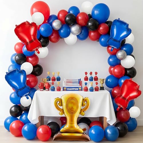 LaRandom 108 Pcs Boxing Party Decorations Trophy Boxing Glove Balloon Arch Garland Kit White Red Blue Black Foil Latex Balloons for Wrestling Fight Party Decoration Supplies