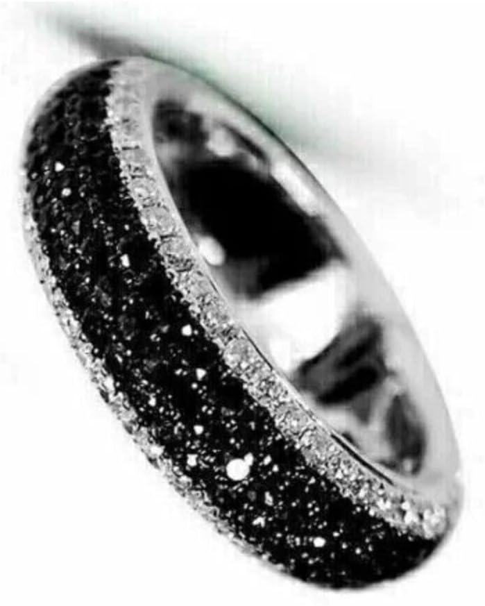 Phoenixjewel Half Eternity Band Women's Sterling Silver Engagement Ring - Black & White Round Diamond Micro Pave Set Wedding Eternity Band Ring - Handmade Anniversary Proposal Ring Gift For Her