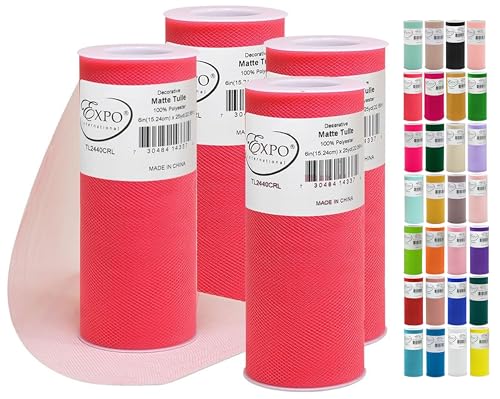 Expo International Decorative Matte Tulle, Lightweight Polyester Tulle Fabric for Tutus, Costumes, and Party Decorations, Washable, Easy-to-Use, 6 Inch x 25 Yards (Pack of 4), Coral