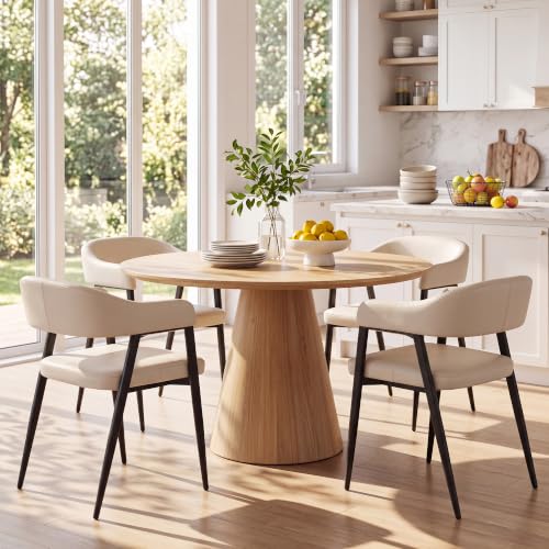 Image of HNY Modern Dining Chairs with Arms Set of 4, Beige Faux Leather Armchairs