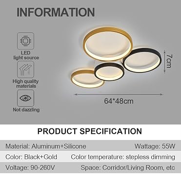 Modern LED Ceiling Lamp, 47W/55W/72W Flush Mount Ceiling Light with 3/4/5 Ring Circle, Metal LED Chandelier Light Fixtures for Living Room Bedroom Kitchen