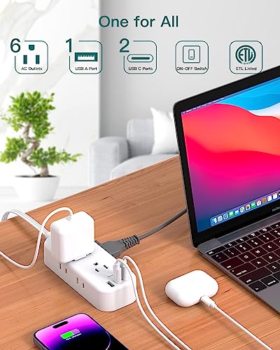 Image of Extension Cord 15ft, Surge Protector, Flat Plug with 6 AC Outlet Extenders, 3 USB Ports (2 USB-C), 1080J, Multiple Sockets,