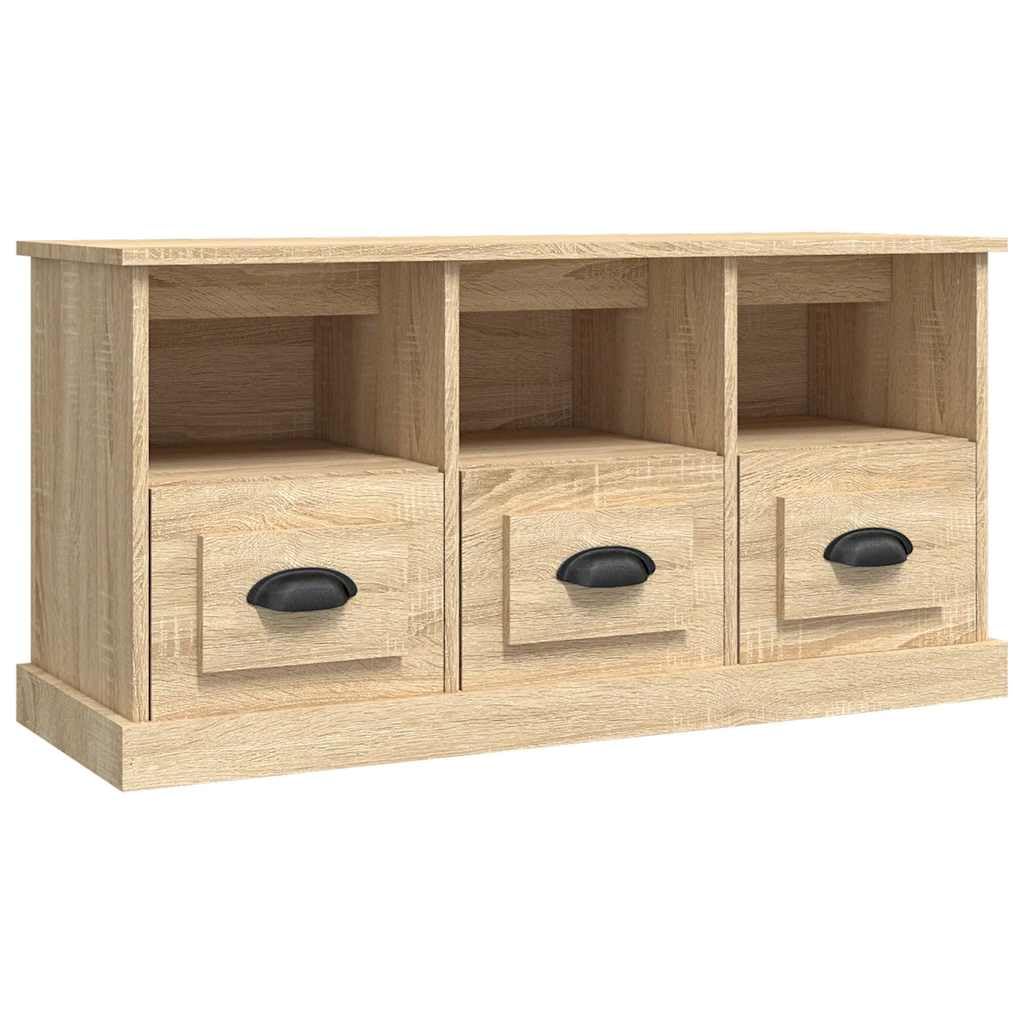 Meuble TV en chêne Sonoma 100cm moderne avec 3 tiroirs de rangement pour salon