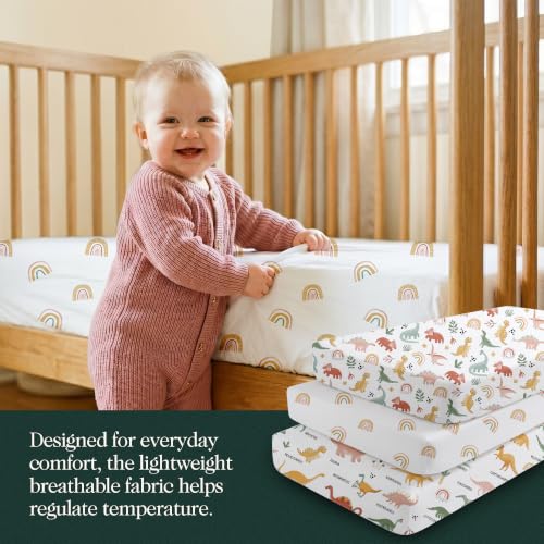 Image of 100% Organic Cotton Mini Crib Sheets (3-Pack) - GOTS Certified, Soft Fitted Sheets for Mini Mattress & Pack n Play, 5 in Deep Pocket with Secure Elastic Fit, Boys & Girls, (27 inch x 39 inch) Jurassic Joy