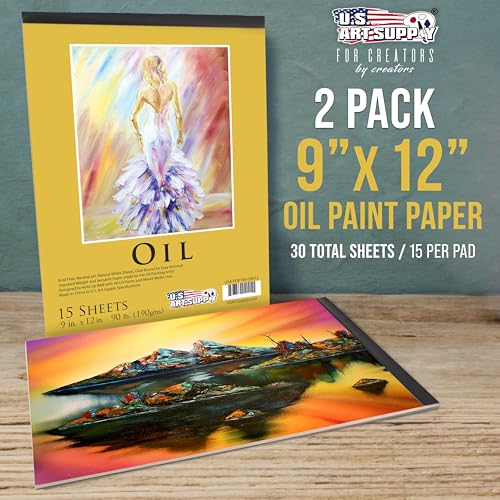 Image of U.S. Art Supply 9 inch x 12 inch Premium Heavy-Weight Oil Painting Pad (2 Pack, 30 Sheets Total) - 90lb (190gsm) - Oil Pastel Paper for Students and Adults