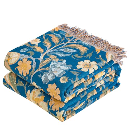 VANJOROY Boho Throw Blanket, 100% Organic Cotton Breathable Ultra Soft 60" x 80" Bed Quilt Blue Throw - All Season Bird Floral Rustic Farmhouse Decor Reversible Blanket for Couch Chair and Gift