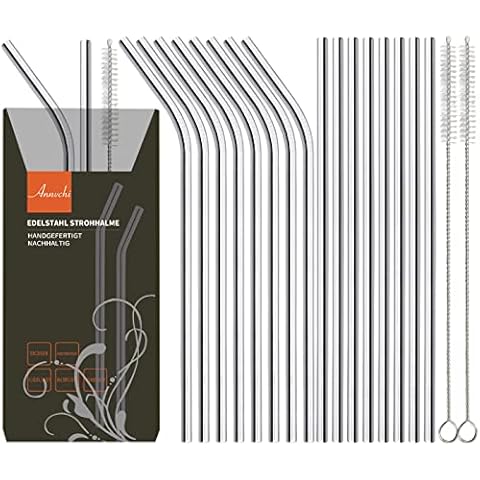 Annvchi 304 Edelstahl Strohhalme Wiederverwendbar, 16 Metall Trinkhalme Im Set Cover
