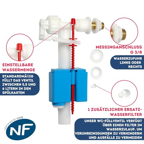 Universelles Füllventil/Schwimmerventil für Kunststoff- und Keramik-Spülkasten - Gratis Wasserfilter - Ventil - 5 Jahre Garantie