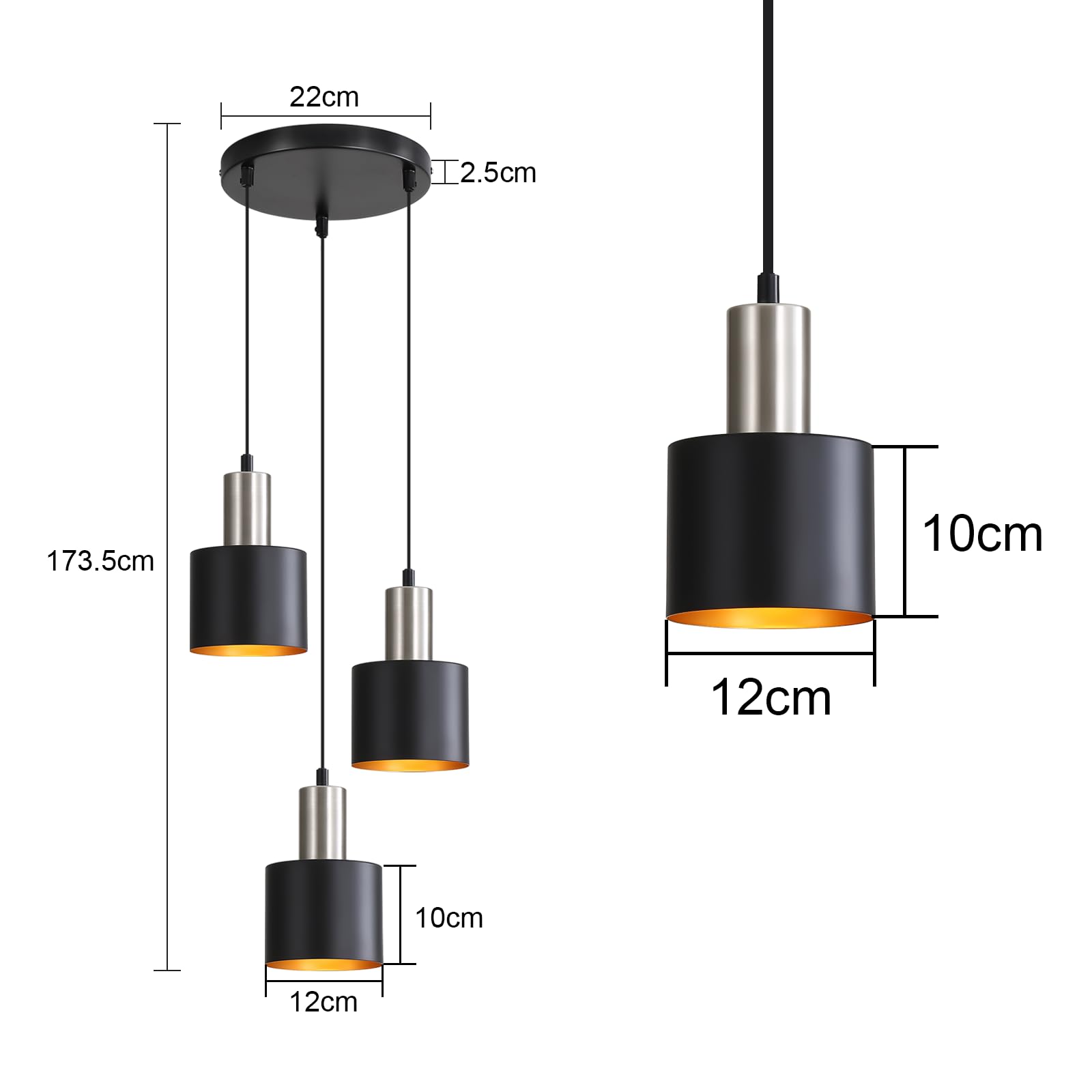 Hängeleuchte Esstisch Pendelleuchte Schwarz - Esszimmerlampe Vintage Hängelampe 3 Flammig E27 Retro Küchenlampe Hängend Gold Kücheninsel Höhenverstellbar Industrielampe Ohne Leuchtmittel