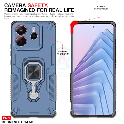 Image of AESTMO Armor Back Cover for Redmi Note 14 5G | Ring Holder & Kickstand & Camera Protection in-Built | 360 Degree Protection Back Case Cover (Blue)