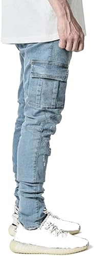 Miniatura 4 de HUNGSON Pantalones de mezclilla elásticos ajustados para hombre, jeans ajustados rasgados para hombre, pantalones de pierna recta desgastados,