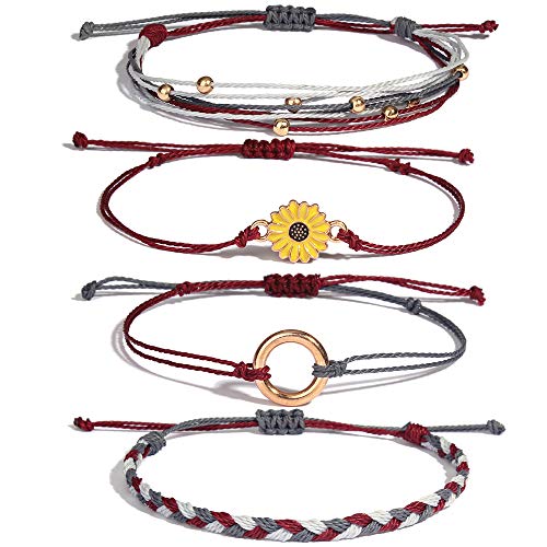 Sunflower String Bracelet Handmade Braided Rope Charms Boho Surfer Bracelet for Teen Girls Women(Triple Color)