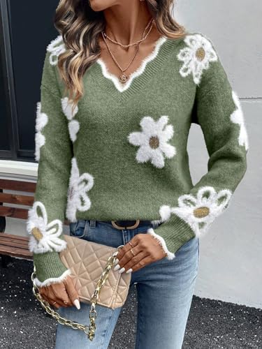 Women's Off Shoulder V Neck Sweater Floral Cable Knit Pullover Long Sleeve Cute Trendy Cozy Sweaters2