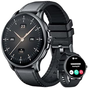 Smartwatch Armbanduhr Fitnessuhr Wasserdicht Uhr: Smartwatch Herren mit 1,43″ AMOLED Touchscreen Rund Blutdruck Herzfrequenz Sport Schrittzähler Telefonfunktion lederarmband Herrenuhr fuer Android iOS