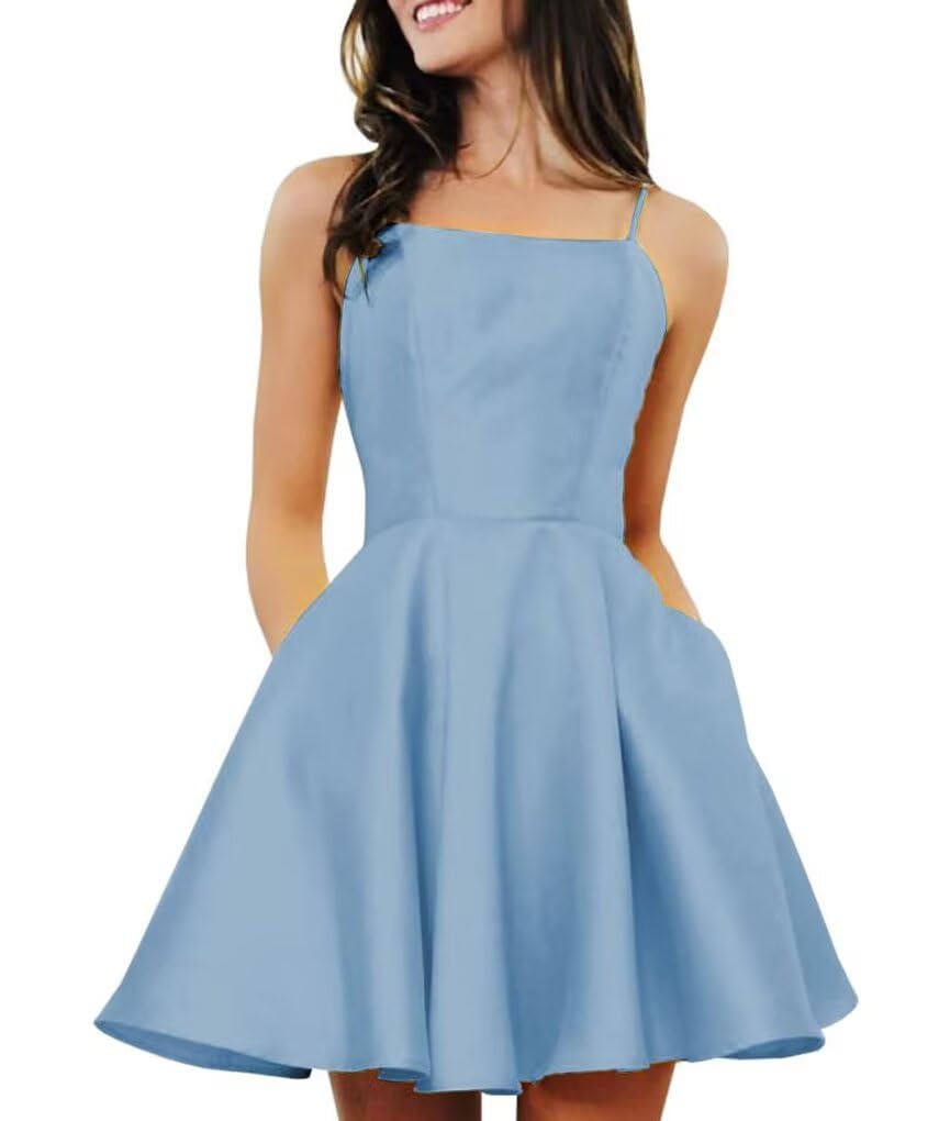 RSOETOO Spaghetti Straps Homecoming Dress for Teens 2026 Satin Short Prom Dresses Cocktail Dress RON010